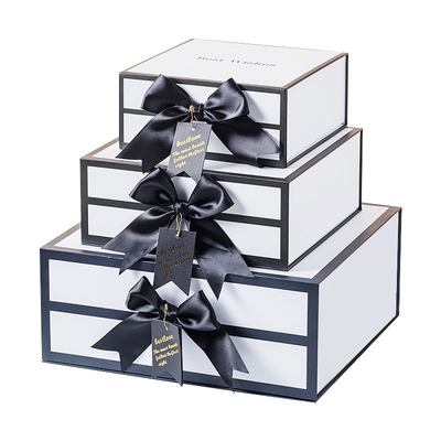 White Magnetic Gift Boxes With Black Ribbon , Clothing Shoes Paper Box